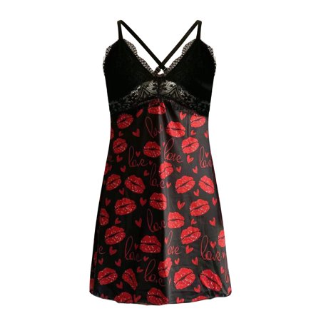 Roliyen Sling Pajamas Nightdress Lingerie Women Underwear Sleepwear Printing Satin