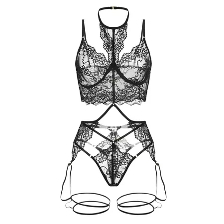 Roliyen Women Lingerie Lace Underwear Sleepwear G-string Pajamas Bra Garter Thong