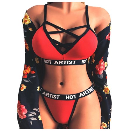 Roliyen Women Lingerie Corset Bandage Hollow Letter Sleepwear Underwear Set