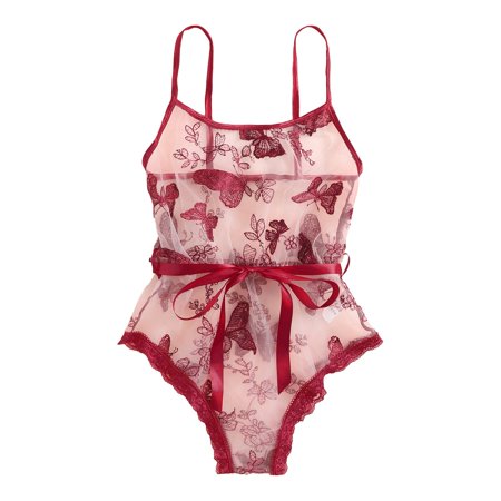 Roliyen Butterfly Embroidery Lingerie Women Underwear Sleepwear Bodysuit Jumpsuit Teddy
