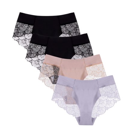 Roliyen Women Sexy Milk Silk Non-Trace Ice Silk Breathable Briefs Lace Underwear 4PC