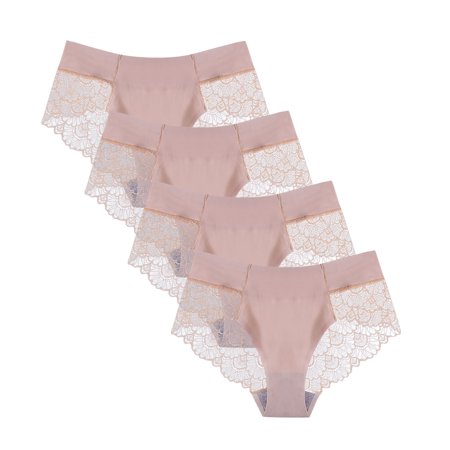 Roliyen Women Sexy Milk Silk Non-Trace Ice Silk Breathable Briefs Lace Underwear 4PC