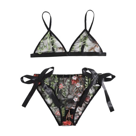 Roliyen Flowers Embroidery Bra G-String Thong Sleepwear Underwear Women Lingerie