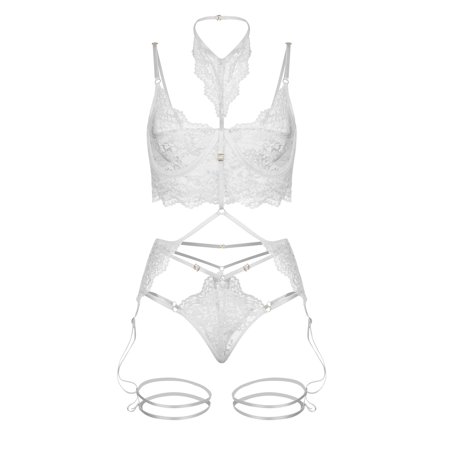 Roliyen Women Lingerie Lace Underwear Sleepwear G-string Pajamas Bra Garter Thong