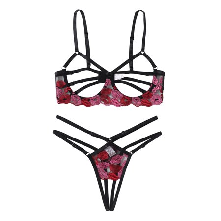 Roliyen G-string Red Mouth Embroidery Bralette Cupless Lace Bra Bustier Women Lingerie