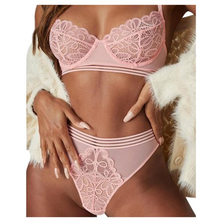 Roliyen 2PCS Women Lace Sexy Lingerie Set Push up Bra Garter Belt Underwear Nightwear