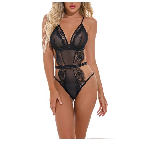 Roliyen Women Sexy Lace One-Piece Lingerie Babydoll Deep V Teddy Bodysuit