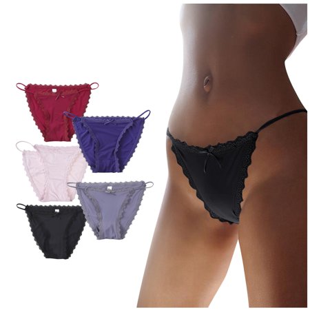 Roliyen Women S Five-piece Ice Silk Seamless Low Waist Sexy Lace Ribbon Underwear