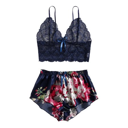 Roliyen Satin Silk Pajamas Women Nightdress Lingerie Lace Underwear Sleepwear Printing
