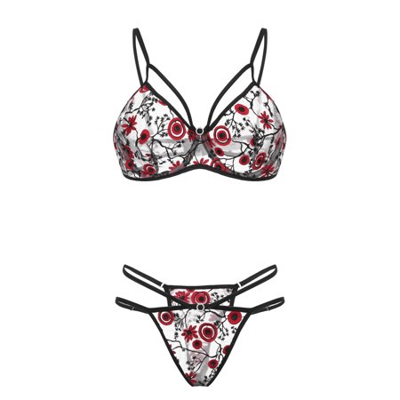 Roliyen G-string Red Flowers Embroidery Bralette Cupless Lace Bra Bustier Women Lingerie