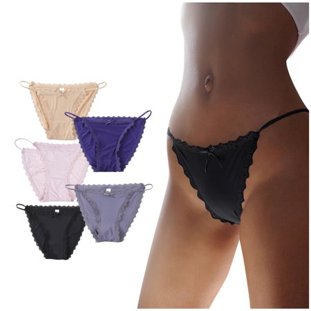 Roliyen Women S Five-piece Ice Silk Seamless Low Waist Sexy Lace Ribbon Underwear