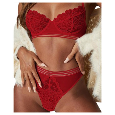 Roliyen 2PCS Women Lace Sexy Lingerie Set Push up Bra Garter Belt Underwear Nightwear