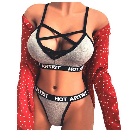 Roliyen Women Lingerie Corset Bandage Hollow Letter Sleepwear Underwear Set