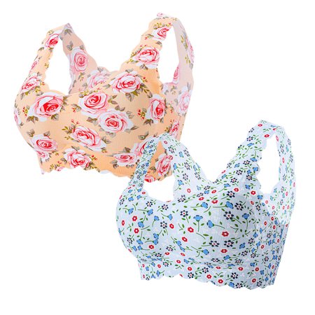 Roliyen 2PC Women S Sexy Plus-Size Print Unblemished with Ice Silk Floral Bra Underwear