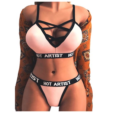 Roliyen Women Lingerie Corset Bandage Hollow Letter Sleepwear Underwear Set