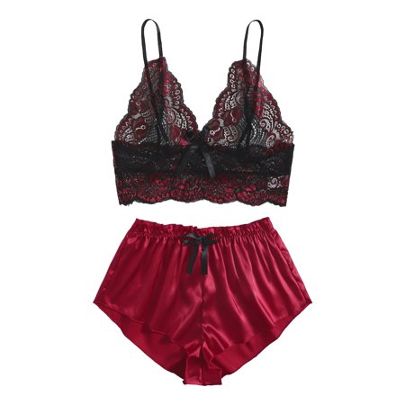 Roliyen Satin Silk Pajamas Women Nightdress Lingerie Lace Underwear Sleepwear Printing