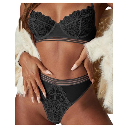 Roliyen 2PCS Women Lace Sexy Lingerie Set Push up Bra Garter Belt Underwear Nightwear