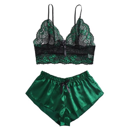 Roliyen Satin Silk Pajamas Women Nightdress Lingerie Lace Underwear Sleepwear Printing