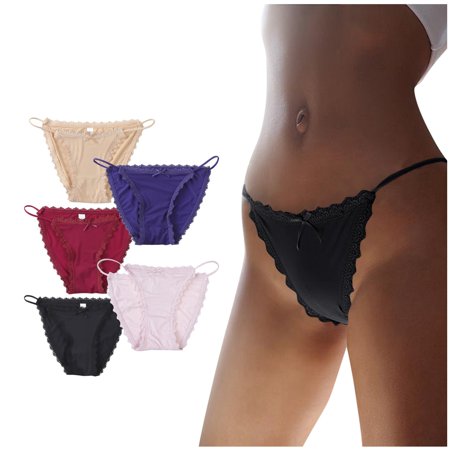 Roliyen Women S Five-piece Ice Silk Seamless Low Waist Sexy Lace Ribbon Underwear