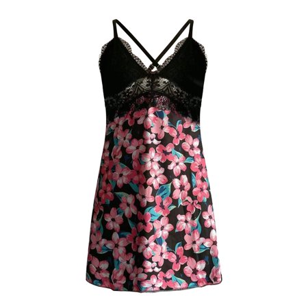 Roliyen Sling Pajamas Nightdress Lingerie Women Underwear Sleepwear Printing Satin
