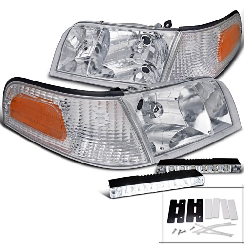 Spec-D Tuning 1998-2011 Crown Victoria Chrome Proejctor Headlights + 6-LED Bumper Fog Lamps (Left + Right) 98 99 00 01 02 03 04 05 06 07 08 09 10 11