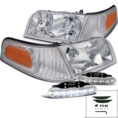 Spec-D Tuning 1998-2011 Crown Victoria Chrome Headlights W/ Corner Lamps + 6-LED 6000K Lamps (Left + Right) 98 99 00 01 02 03 04 05 06 07 08 09 10 11