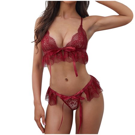 Roliyen Women Lingerie Lace Bra Underwear Sleepwear G-string Pajamas Thong