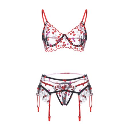 Roliyen Love Embroidery Bra G-String Thong Sleepwear Underwear Women Lingerie Garter