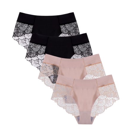 Roliyen Women Sexy Milk Silk Non-Trace Ice Silk Breathable Briefs Lace Underwear 4PC