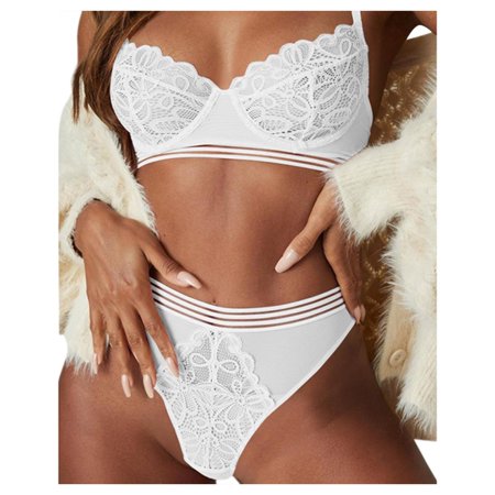 Roliyen 2PCS Women Lace Sexy Lingerie Set Push up Bra Garter Belt Underwear Nightwear