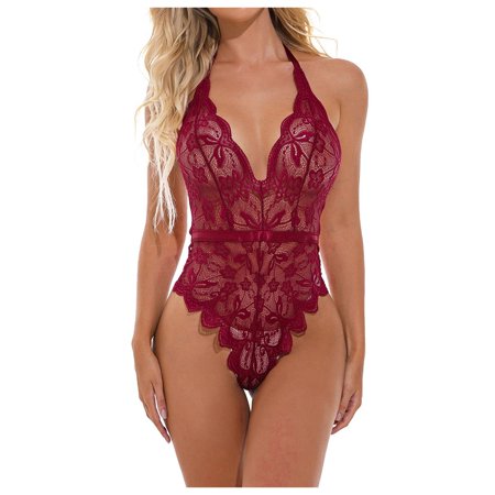 Roliyen Women Sexy Lace One-Piece Lingerie Babydoll Deep V Teddy Bodysuit