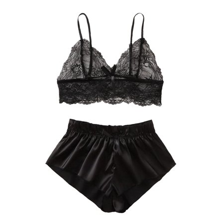 Roliyen Satin Silk Pajamas Women Nightdress Lingerie Lace Underwear Sleepwear Printing
