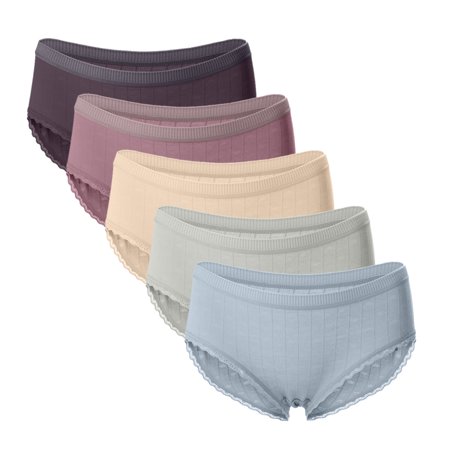 Roliyen Women S Sexy Thin Briefs in Solid Color with Lace Mid-Waist Underwear 5PC