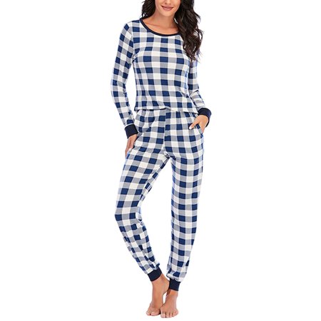 UKAP Women Pajamas Set Plaid Splicing Long Sleeve Sleepwear Ladies Button Down Nightwear Soft Pj Buffalo Lounge Sets S-XXL Blue M=US 4-6