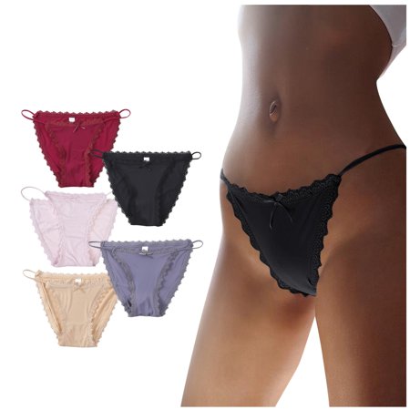 Roliyen Women S Five-piece Ice Silk Seamless Low Waist Sexy Lace Ribbon Underwear