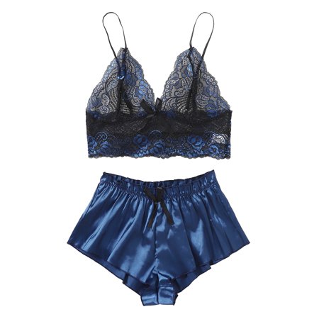 Roliyen Satin Silk Pajamas Women Nightdress Lingerie Lace Underwear Sleepwear Printing