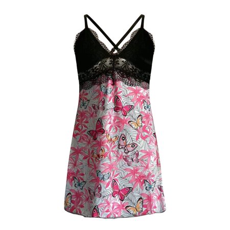 Roliyen Sling Pajamas Nightdress Lingerie Women Underwear Sleepwear Printing Satin