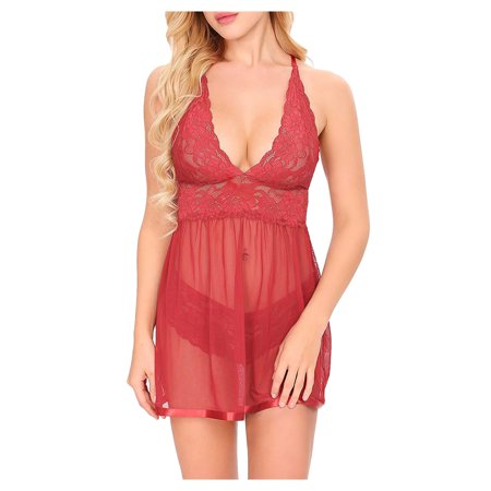 Roliyen Women Sexy Perspective V Collar Lace Plus Size Pajamas Appeal Underwear Bra