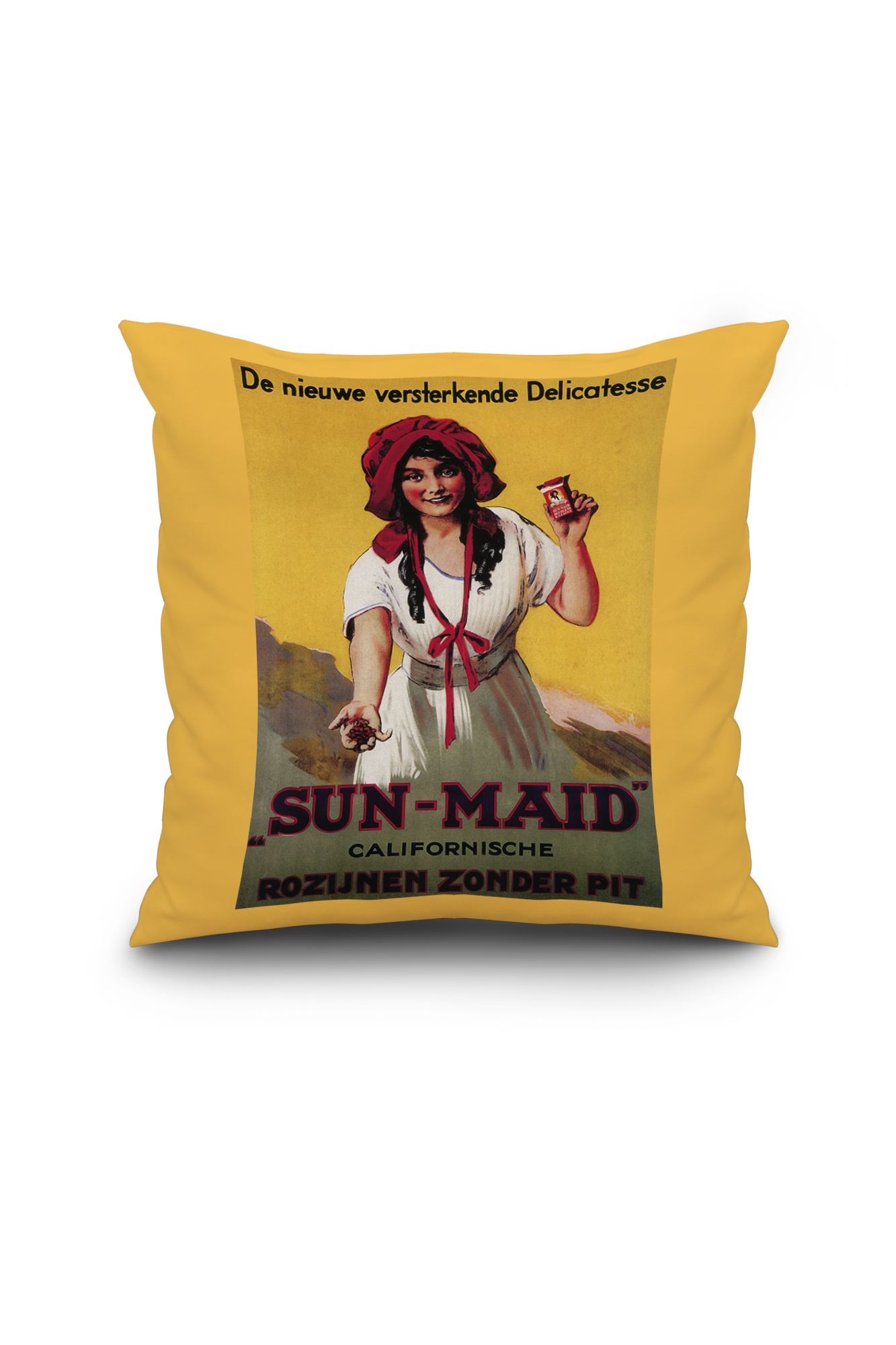 Dutch - Sun-Maid California Raisin - Vintage Advertisement (18x18 Spun Polyester Pillow, Custom Border)