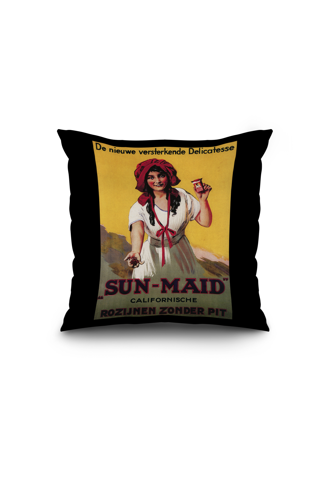 Dutch - Sun-Maid California Raisin - Vintage Advertisement (16x16 Spun Polyester Pillow, Black Border)