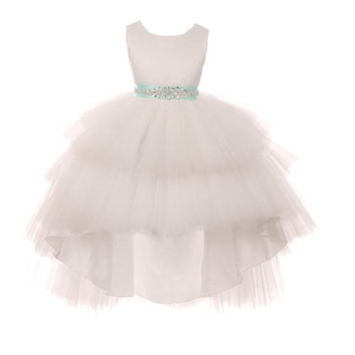 Girls Ivory Mint Satin Tulle Belt Hi-Low Junior Bridesmaid Dress
