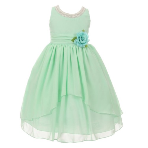 Big Girls Mint Hi-Low Detail Beaded Trim Chiffon Junior Bridesmaid Dress 8-14