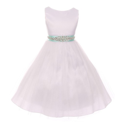 Big Girls White Mint Crystal Adorned Sash Junior Bridesmaid Dress 9/10