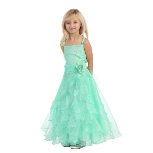 TGI Kids Girls Mint Cascade Ruffle Organza Junior Bridesmaid Dress
