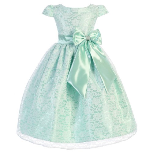 Big Girls Mint Lace Overlay Satin Bow Cap Sleeve Junior Bridesmaid Dress 12
