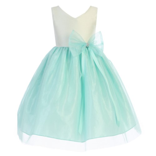 Big Girls Mint Dupion V-neck Tulle Taffeta Junior Bridesmaid Dress 8-12