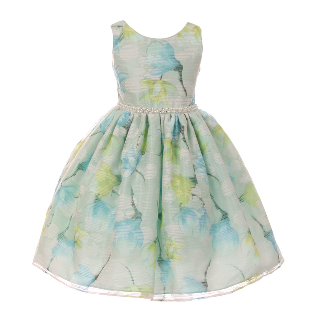 Girls Mint Floral Print Pearl Bead Accented Junior Bridesmaid Dress
