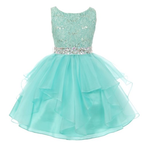 Girls Mint Stretch Lace Crystal Tulle Ruffle Junior Bridesmaid Dress