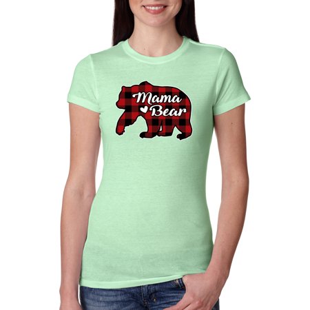 Mama Bear Cool Plaid Matching Design Ugly Christmas Sweater Womens Slim Fit Junior Tee  Mint  Medium