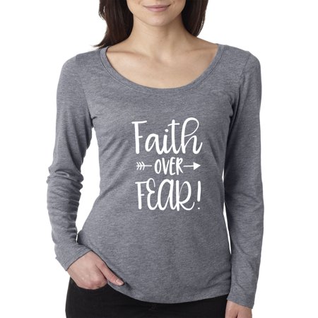 True Way 1253 - Women S Long Sleeve T-Shirt Faith Over Fear Script 2XL Heather Grey